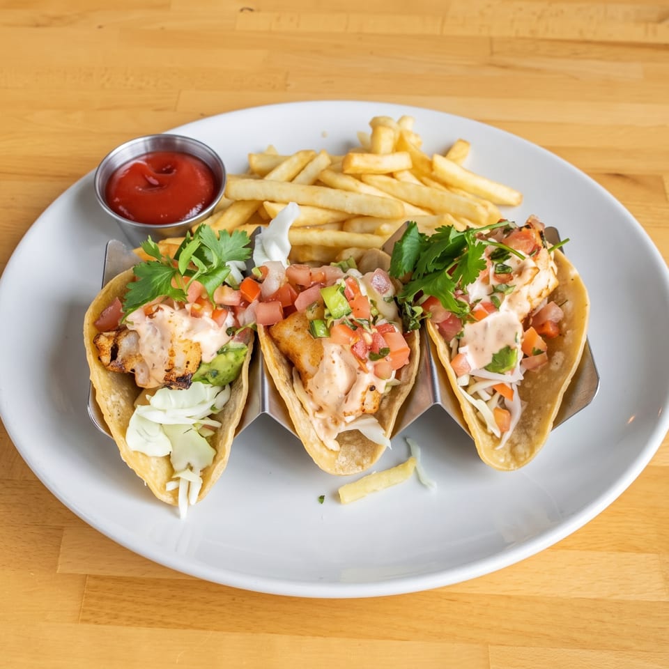 Three fish tacos with pico de gallo, sauce, and cilantro, served with fries and ketchup.